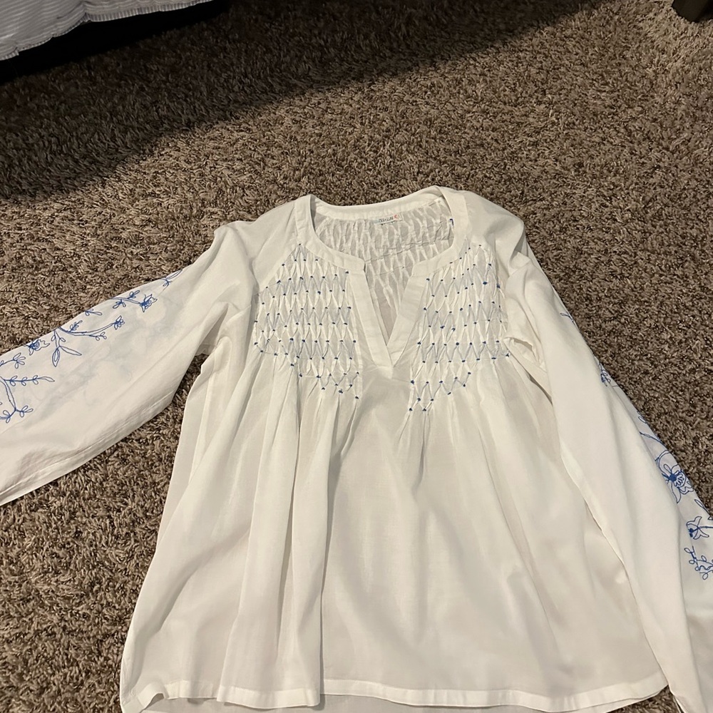 White and Blue Embroidered Women's Blouse
